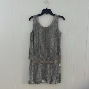 Adrianna Papell Size 10 Formal Silver Sequined & Beaded Blouson Tank Dress